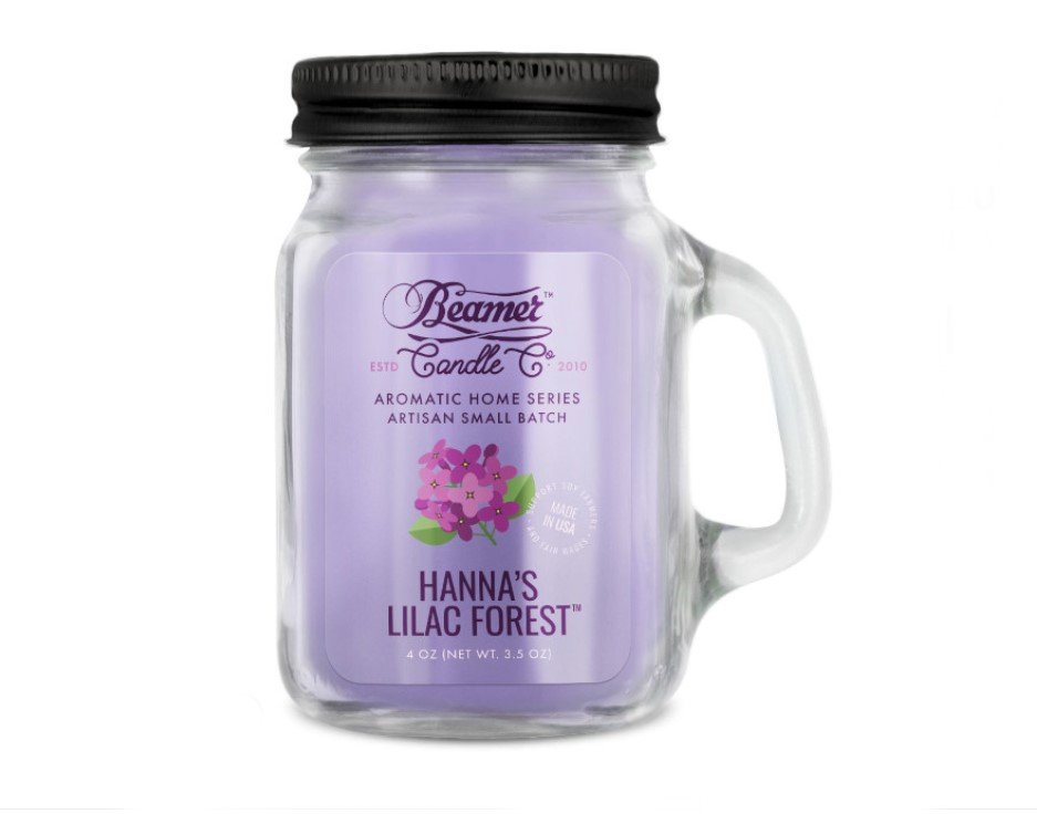 Smoke Killer illatgyertya üvegedényben, füllel és fém kupakkal – Hanna’s Lilac Forest - kicsi